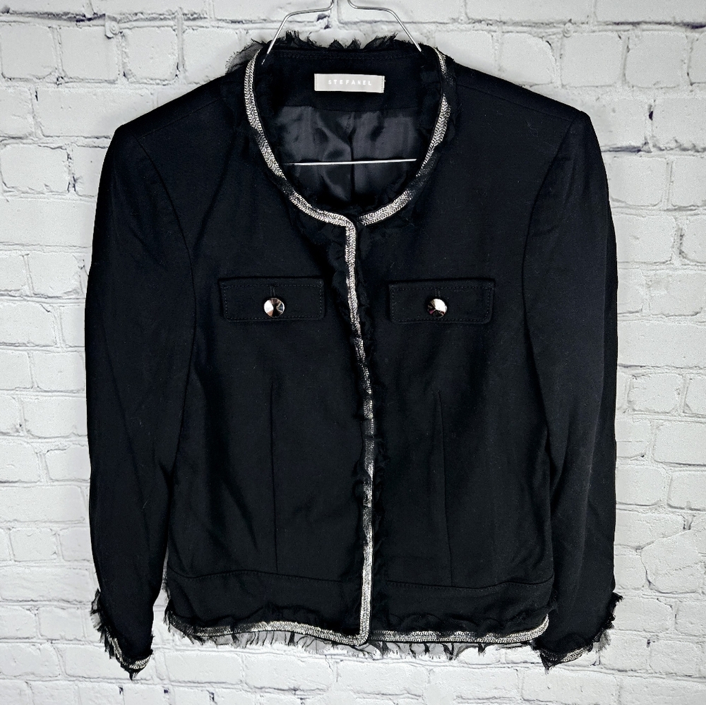 STEPHANEL | short ruffle & chain trim detail snap button close stretch jacket